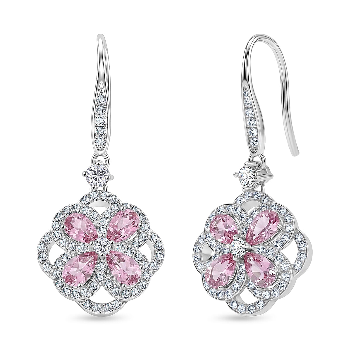 Pink Quartz and White Corundum 2.35 ctw Earrings in Rhodium Over Sterling Silver