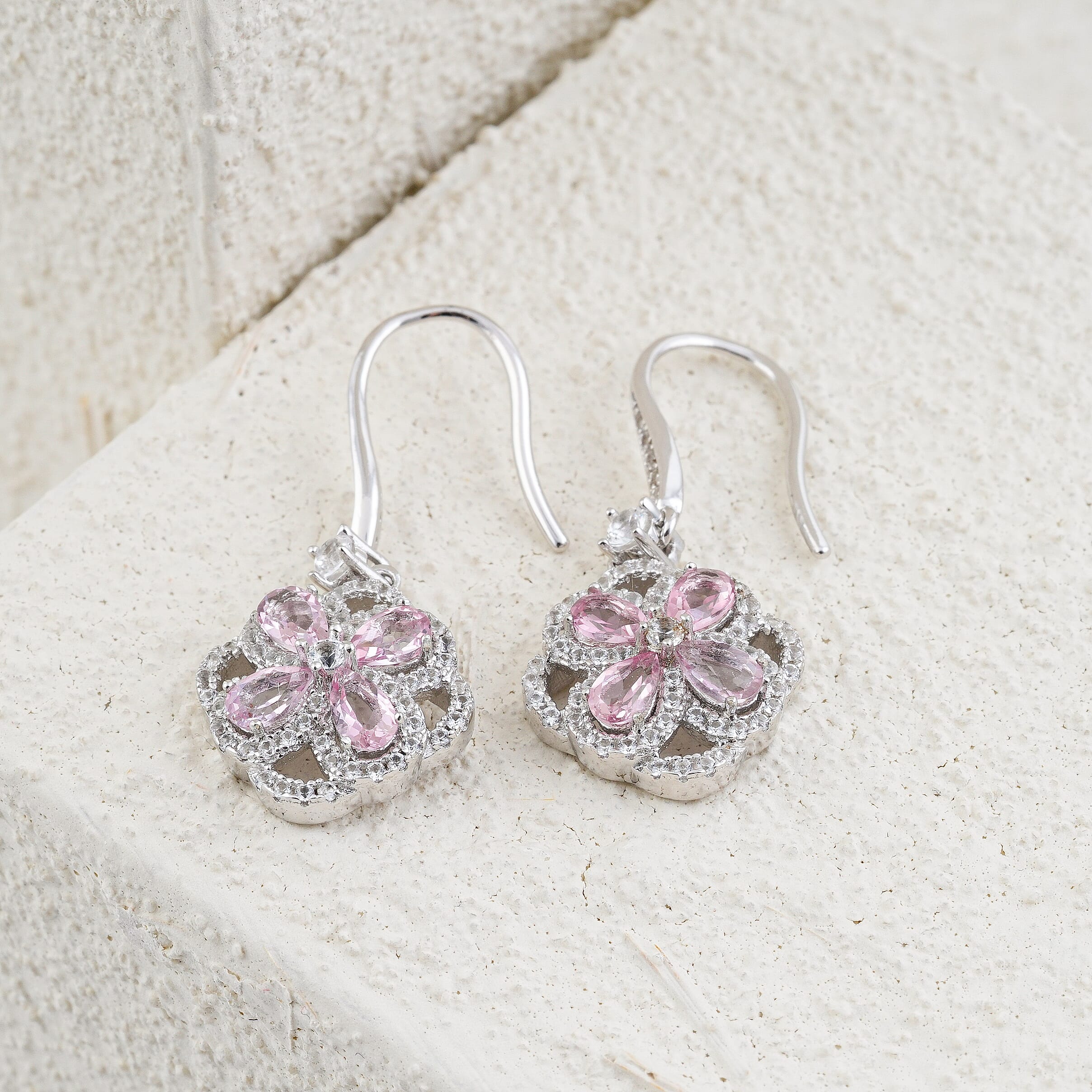 Pink Quartz and White Corundum 2.35 ctw Earrings in Rhodium Over Sterling Silver