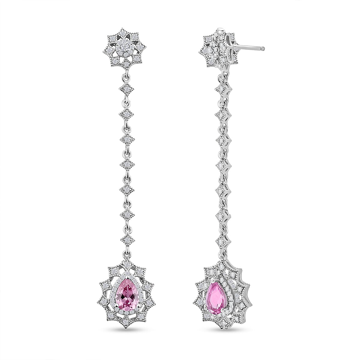 Pink Quartz and White Corundum 1.30 ctw Earrings in Rhodium Over Sterling Silver