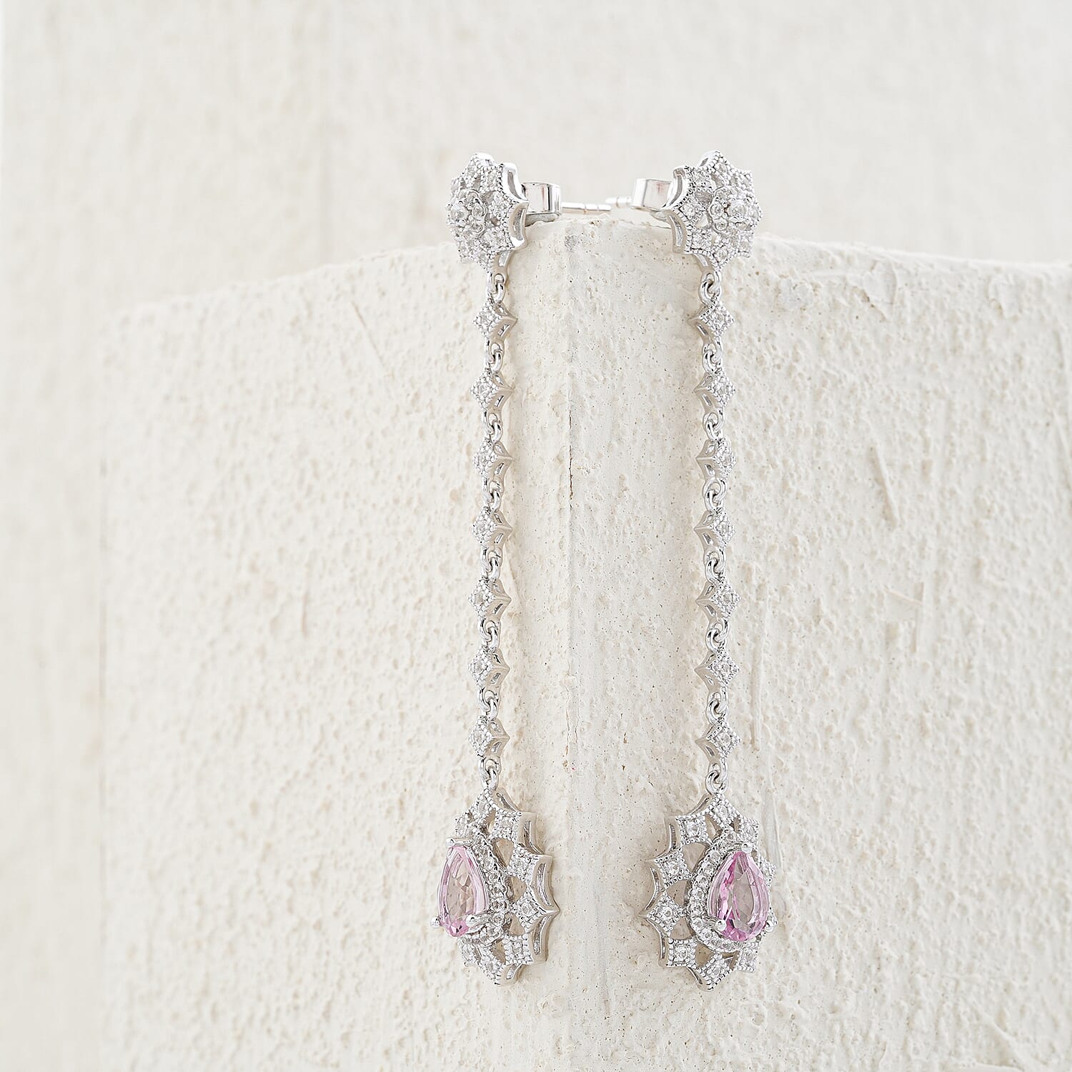 Pink Quartz and White Corundum 1.30 ctw Earrings in Rhodium Over Sterling Silver