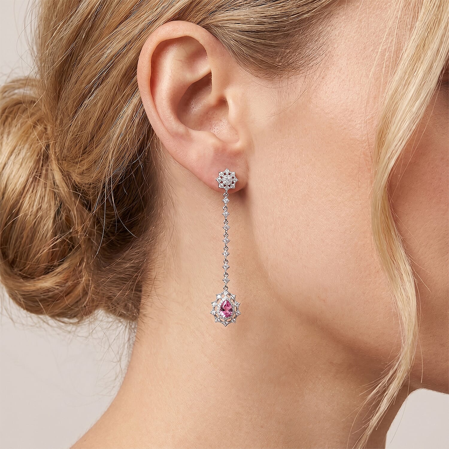 Pink Quartz and White Corundum 1.30 ctw Earrings in Rhodium Over Sterling Silver