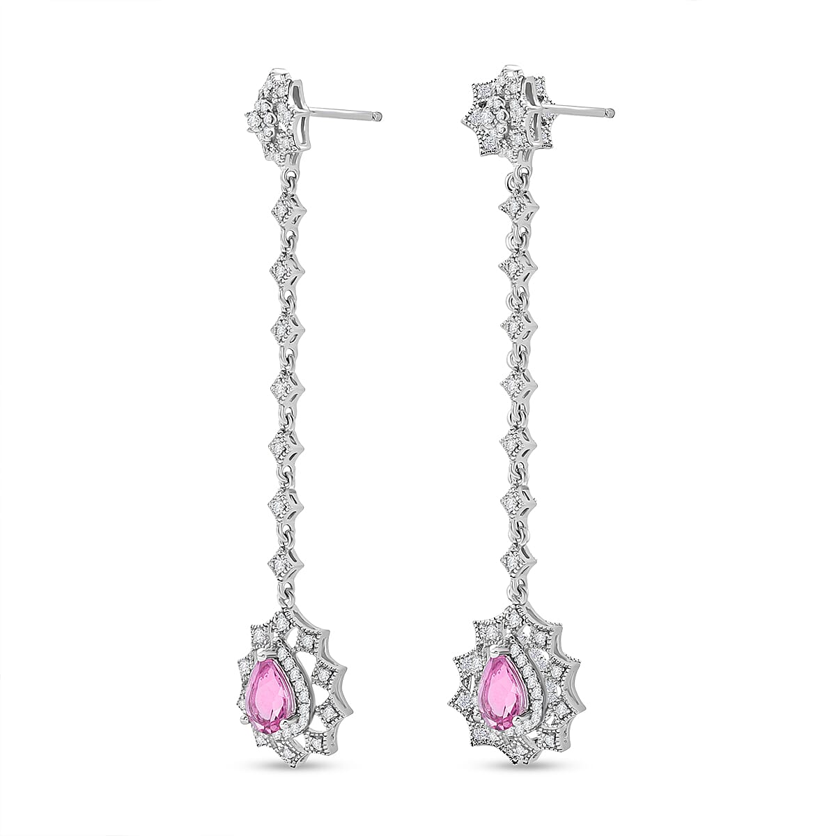 Pink Quartz and White Corundum 1.30 ctw Earrings in Rhodium Over Sterling Silver