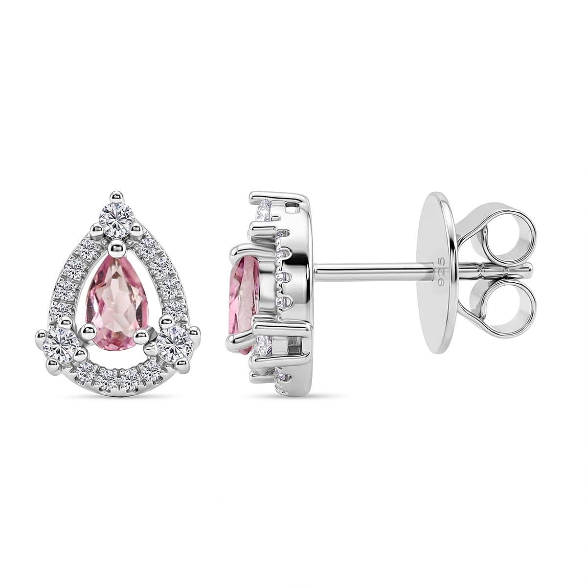 Pink Quartz and White Corundum 0.50 ctw Earrings in Rhodium Over Sterling Silver
