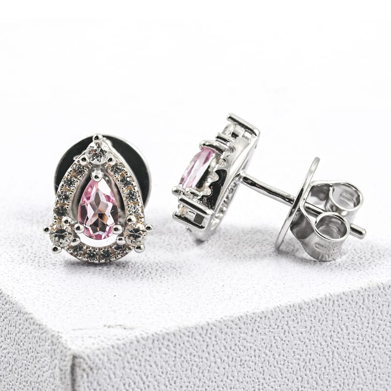 Pink Quartz and White Corundum 0.50 ctw Earrings in Rhodium Over Sterling Silver