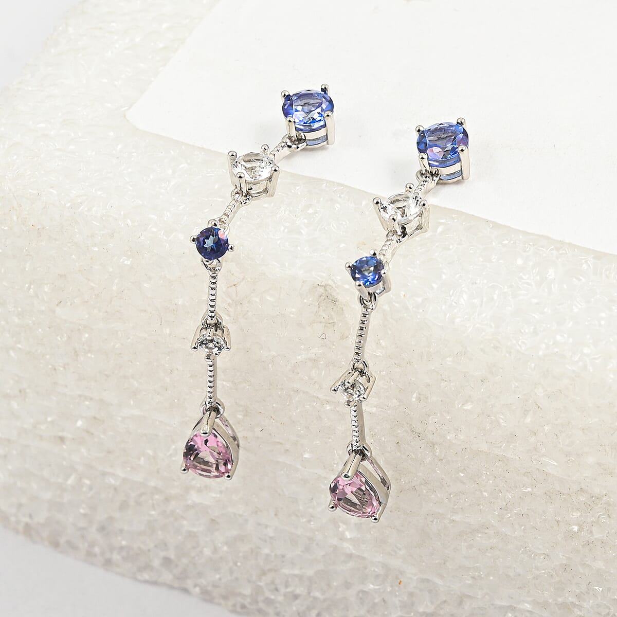 Odyssey Tanzanite Quartz, Pink Quartz and White Corundum 3.70 ctw Earrings in Rhodium Over Sterling Silver image number 1
