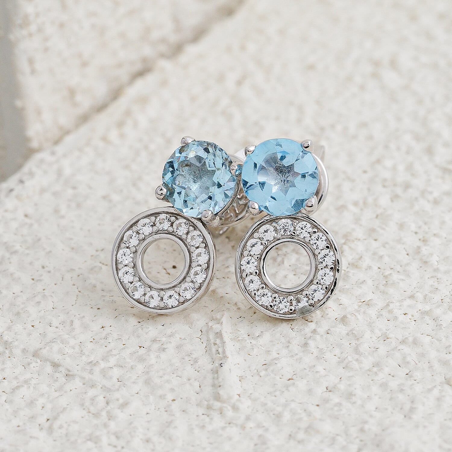 Swiss Blue Topaz and White Corundum 1.00 ctw Earrings in Rhodium Over Sterling Silver
