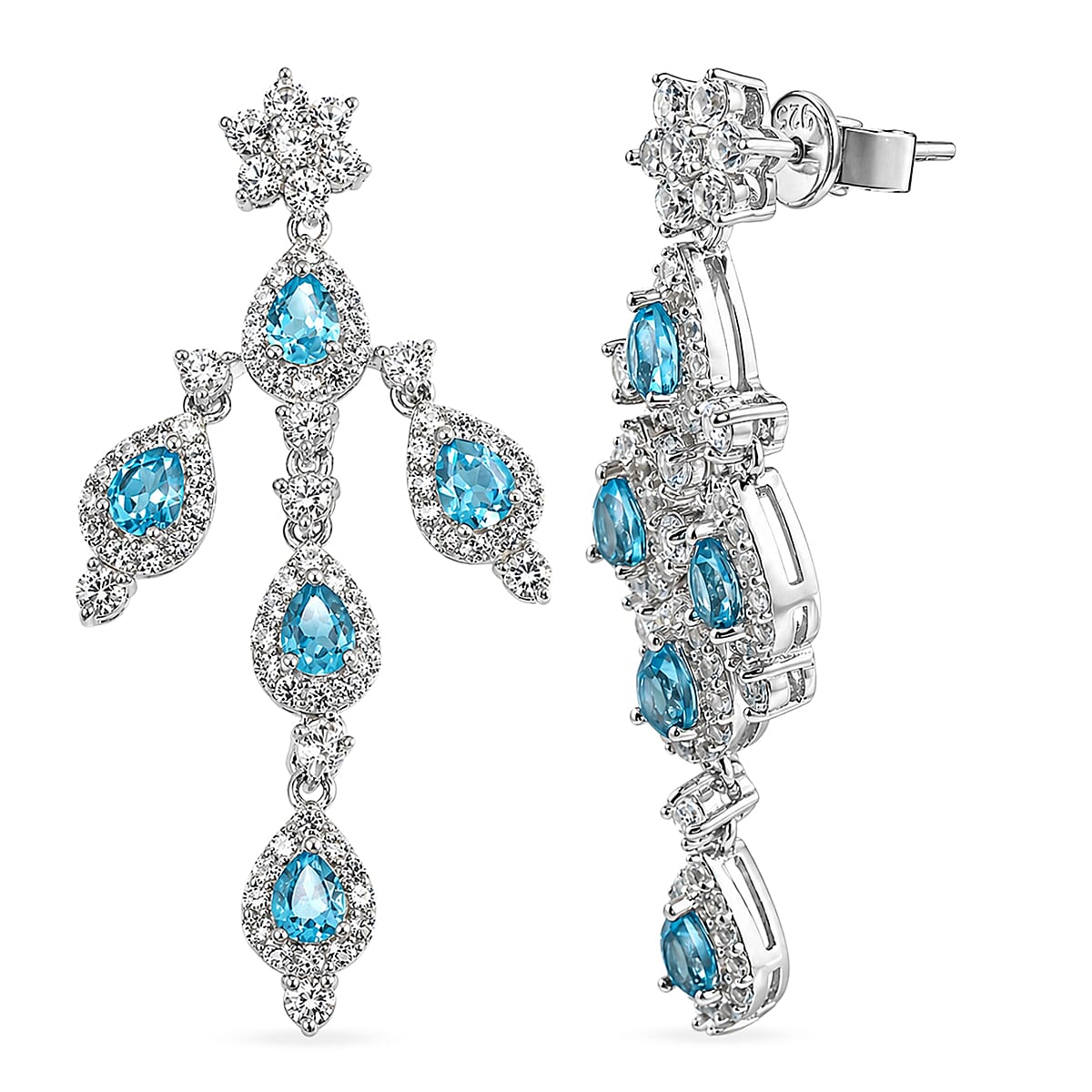 Swiss Blue Topaz and White Corundum 3.10 ctw Earrings in Rhodium Over Sterling Silver