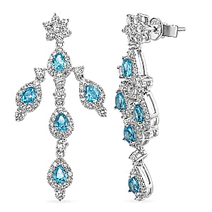 Swiss Blue Topaz and White Corundum 3.10 ctw Earrings in Rhodium Over Sterling Silver