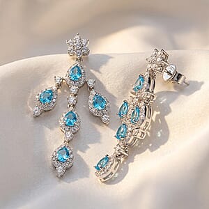 Swiss Blue Topaz and White Corundum 3.10 ctw Earrings in Rhodium Over Sterling Silver