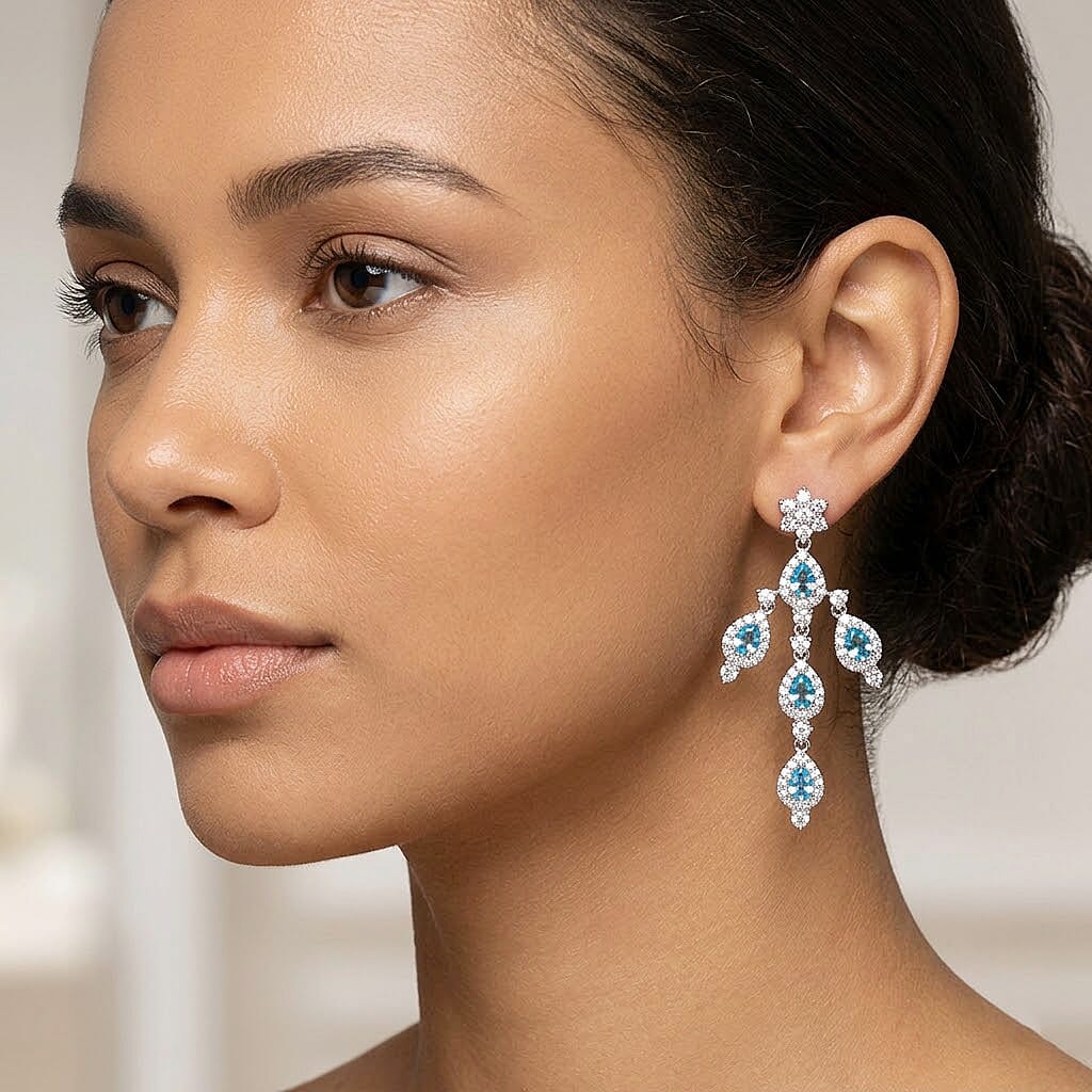 Swiss Blue Topaz and White Corundum 3.10 ctw Earrings in Rhodium Over Sterling Silver