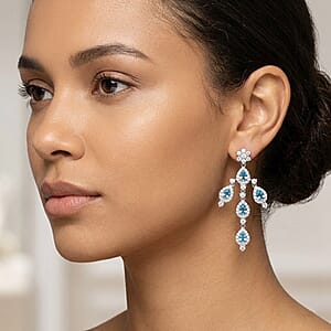 Swiss Blue Topaz and White Corundum 3.10 ctw Earrings in Rhodium Over Sterling Silver