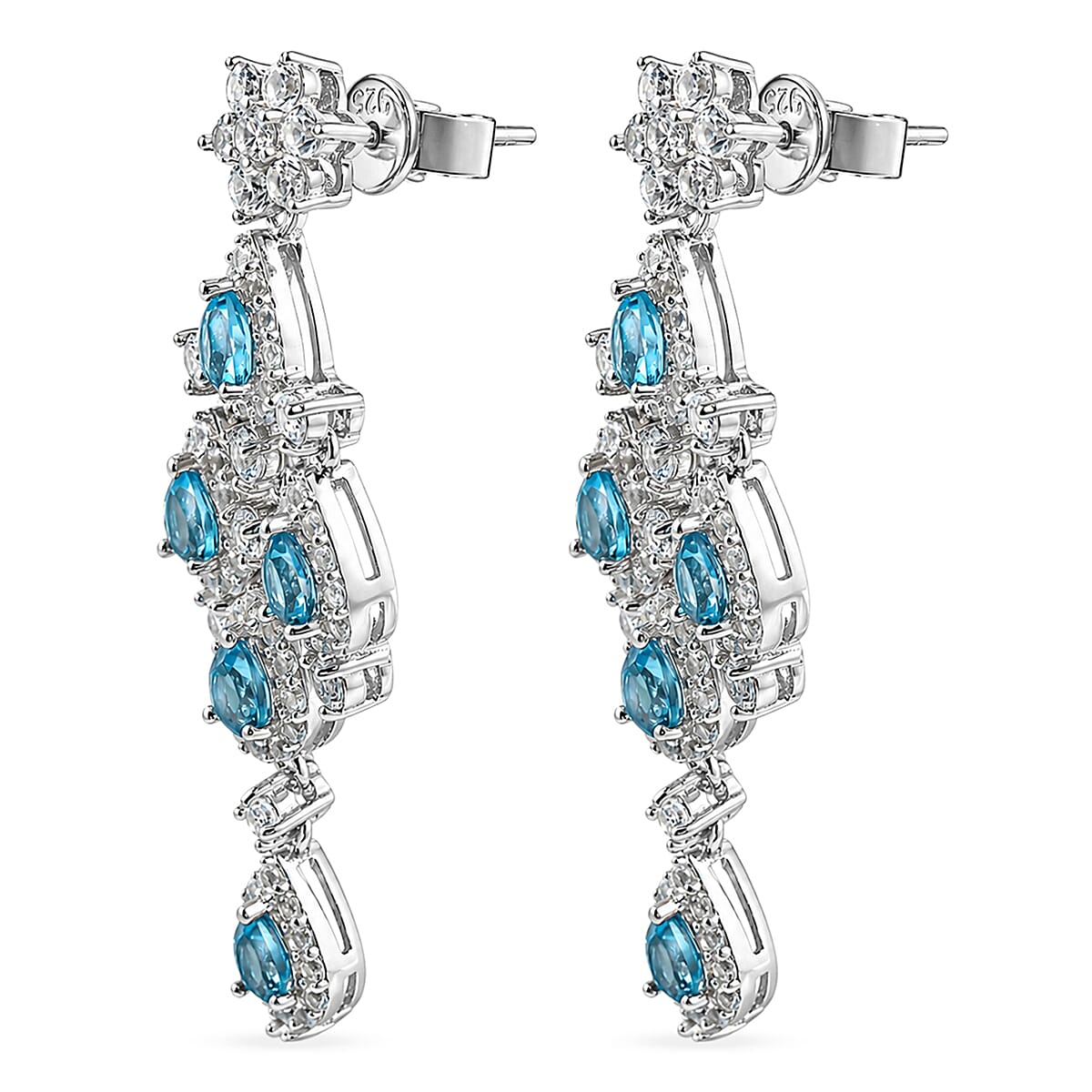 Swiss Blue Topaz and White Corundum 3.10 ctw Earrings in Rhodium Over Sterling Silver