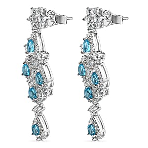 Swiss Blue Topaz and White Corundum 3.10 ctw Earrings in Rhodium Over Sterling Silver