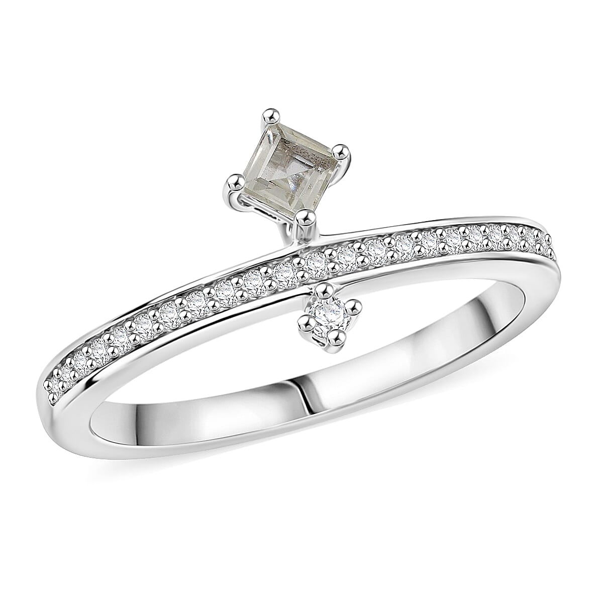 Princess Cut Montezuma Prasiolite and White Corundum 0.20 ctw Ring in Rhodium Over Sterling Silver (Size 6.0)