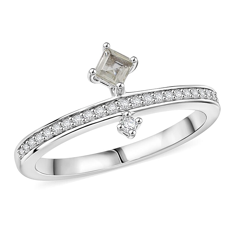 Princess Cut Montezuma Prasiolite and White Corundum 0.20 ctw Ring in Rhodium Over Sterling Silver (Size 6.0)