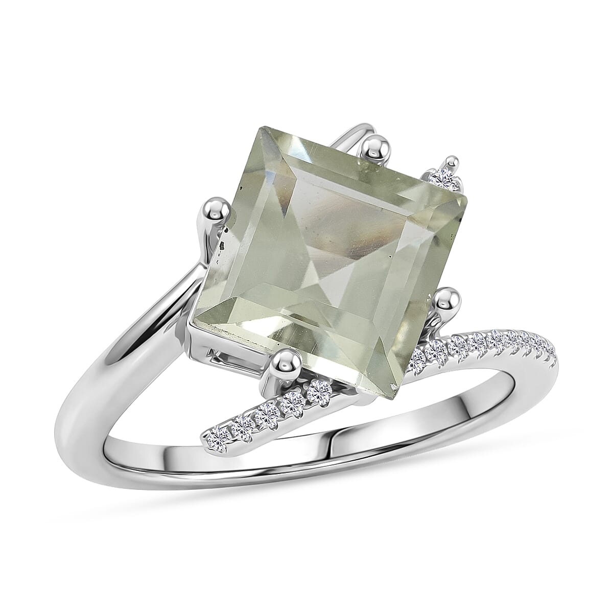 Princess Cut Montezuma Prasiolite and White Corundum 3.70 ctw Ring in Rhodium Over Sterling Silver (Size 6.0)