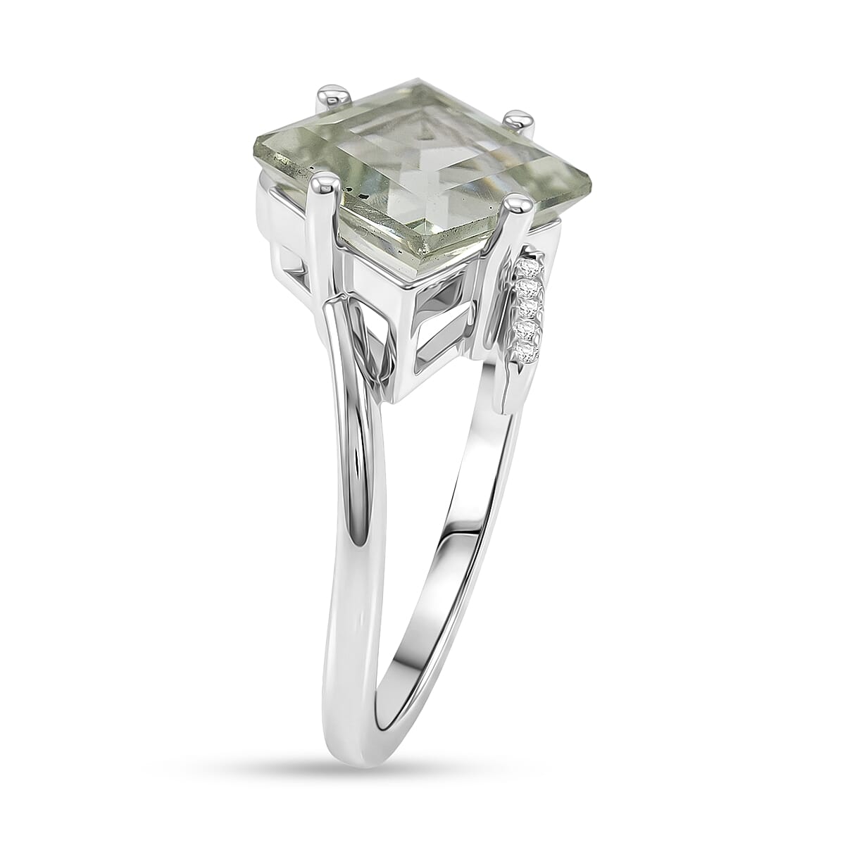 Princess Cut Montezuma Prasiolite and White Corundum 3.70 ctw Ring in Rhodium Over Sterling Silver (Size 6.0)