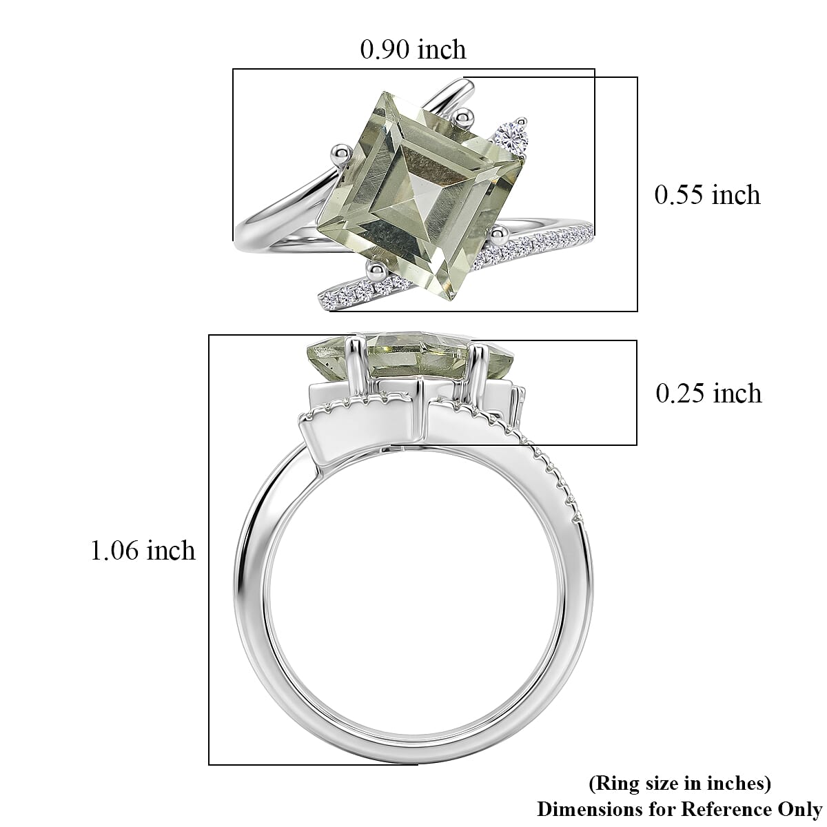 Princess Cut Montezuma Prasiolite and White Corundum 3.70 ctw Ring in Rhodium Over Sterling Silver (Size 6.0)