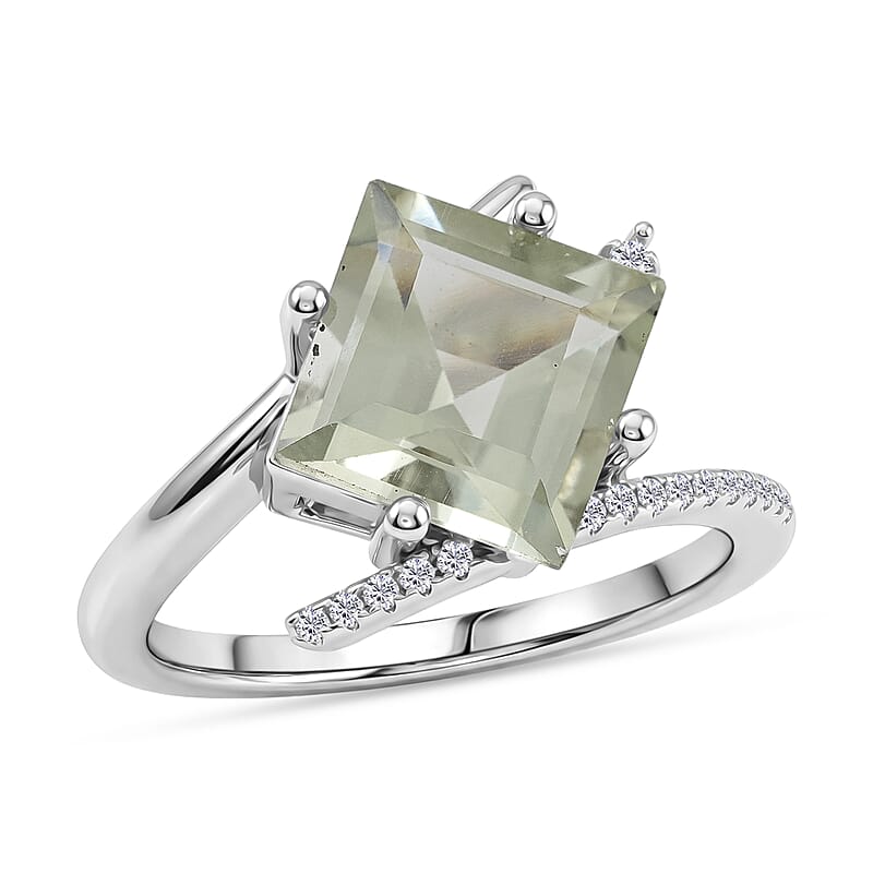 Princess Cut Montezuma Prasiolite and White Corundum 3.70 ctw Ring in Rhodium Over Sterling Silver (Size 7.0)