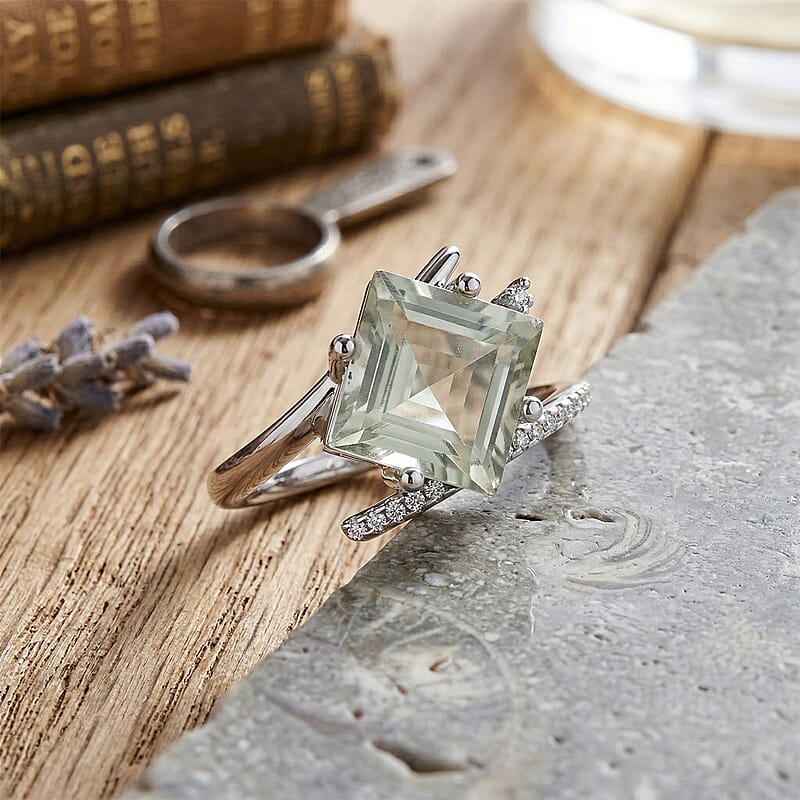 Princess Cut Montezuma Prasiolite and White Corundum 3.70 ctw Ring in Rhodium Over Sterling Silver (Size 7.0)