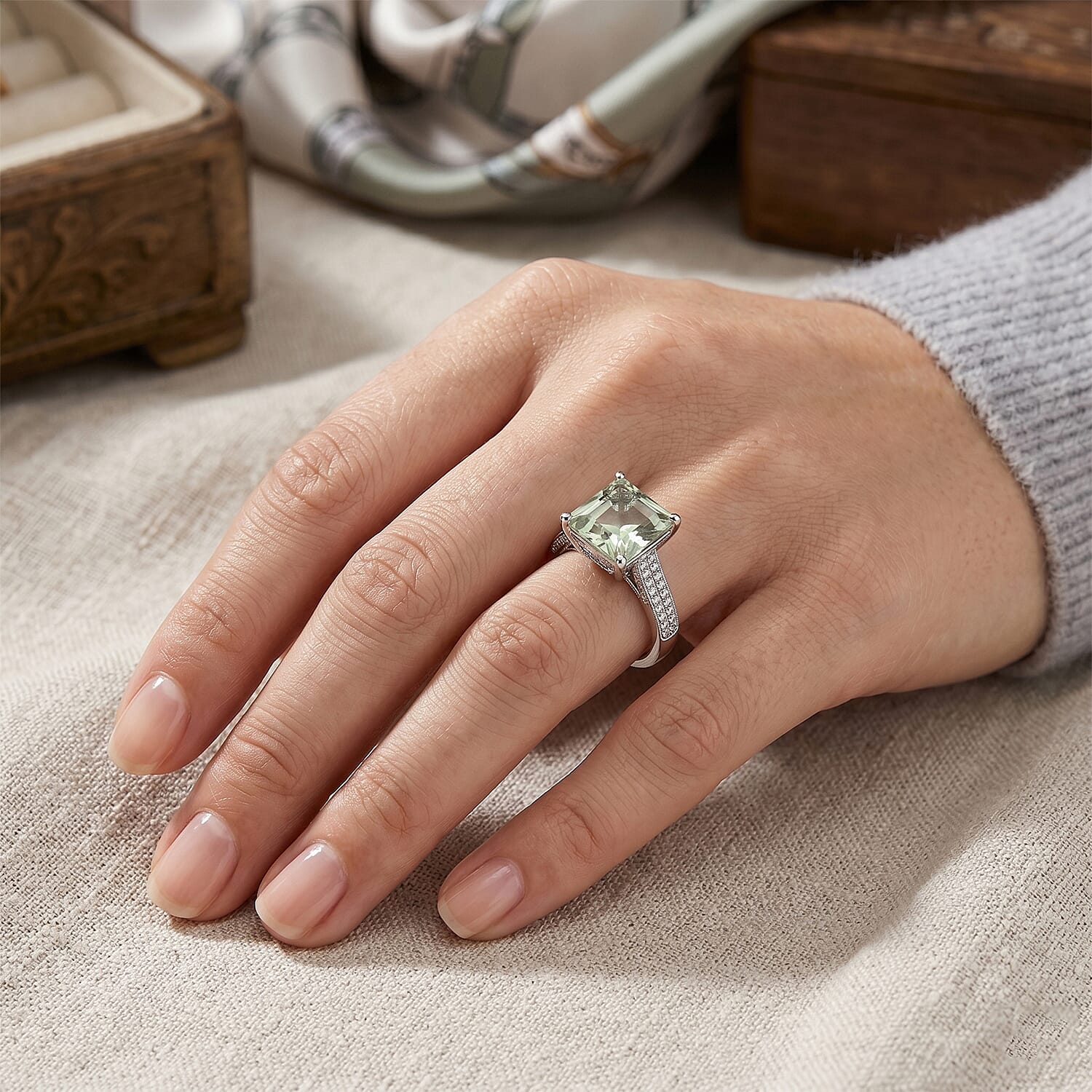Princess Cut Montezuma Prasiolite and White Corundum 4.10 ctw Ring in Rhodium Over Sterling Silver (Size 6.0)
