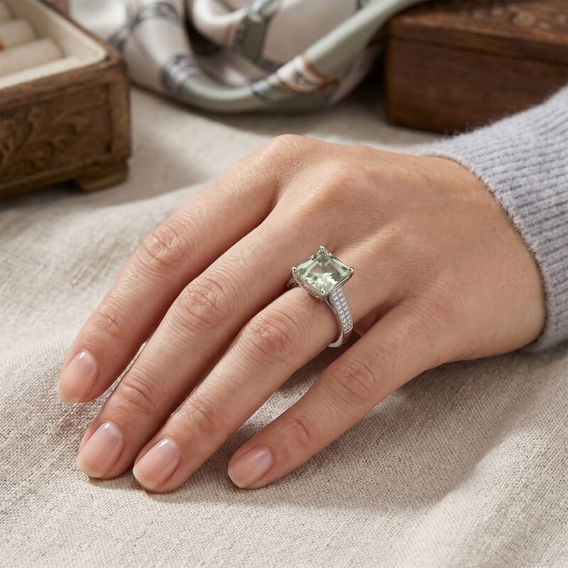 Princess Cut Montezuma Prasiolite and White Corundum 4.10 ctw Ring in Rhodium Over Sterling Silver (Size 6.0)