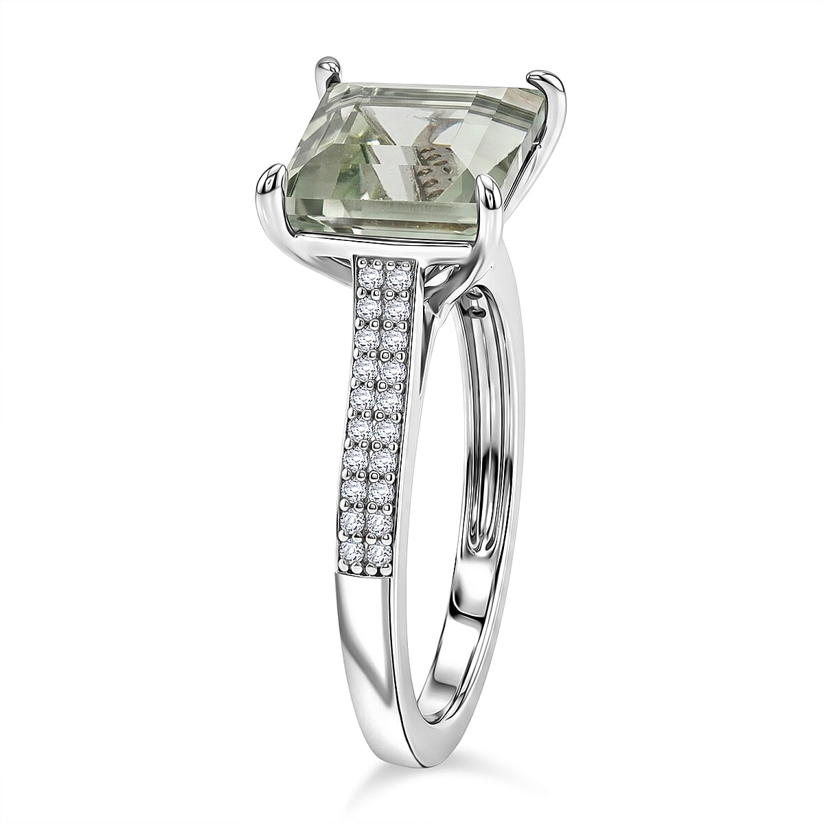 Princess Cut Montezuma Prasiolite and White Corundum 4.10 ctw Ring in Rhodium Over Sterling Silver (Size 6.0)