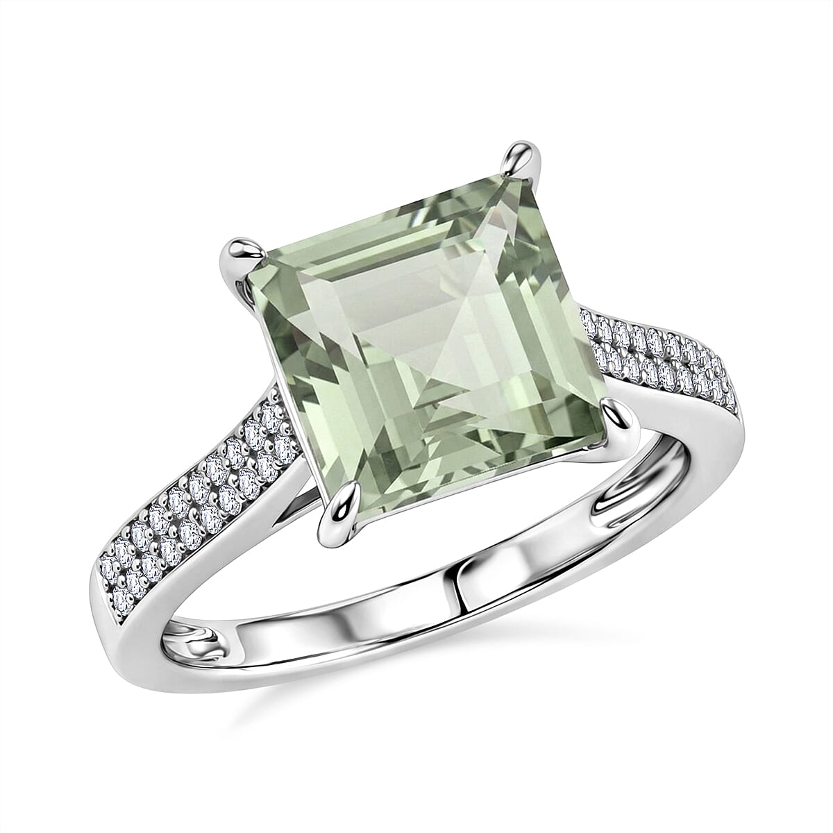 Princess Cut Montezuma Prasiolite and White Corundum 9.50 ctw Ring in Rhodium Over Sterling Silver (Size 6.0)