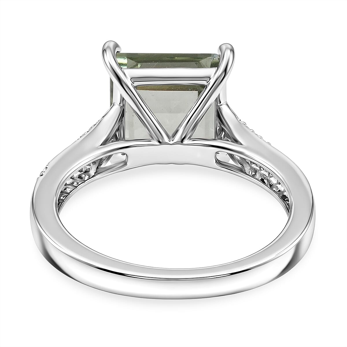 Princess Cut Montezuma Prasiolite and White Corundum 9.50 ctw Ring in Rhodium Over Sterling Silver (Size 6.0)