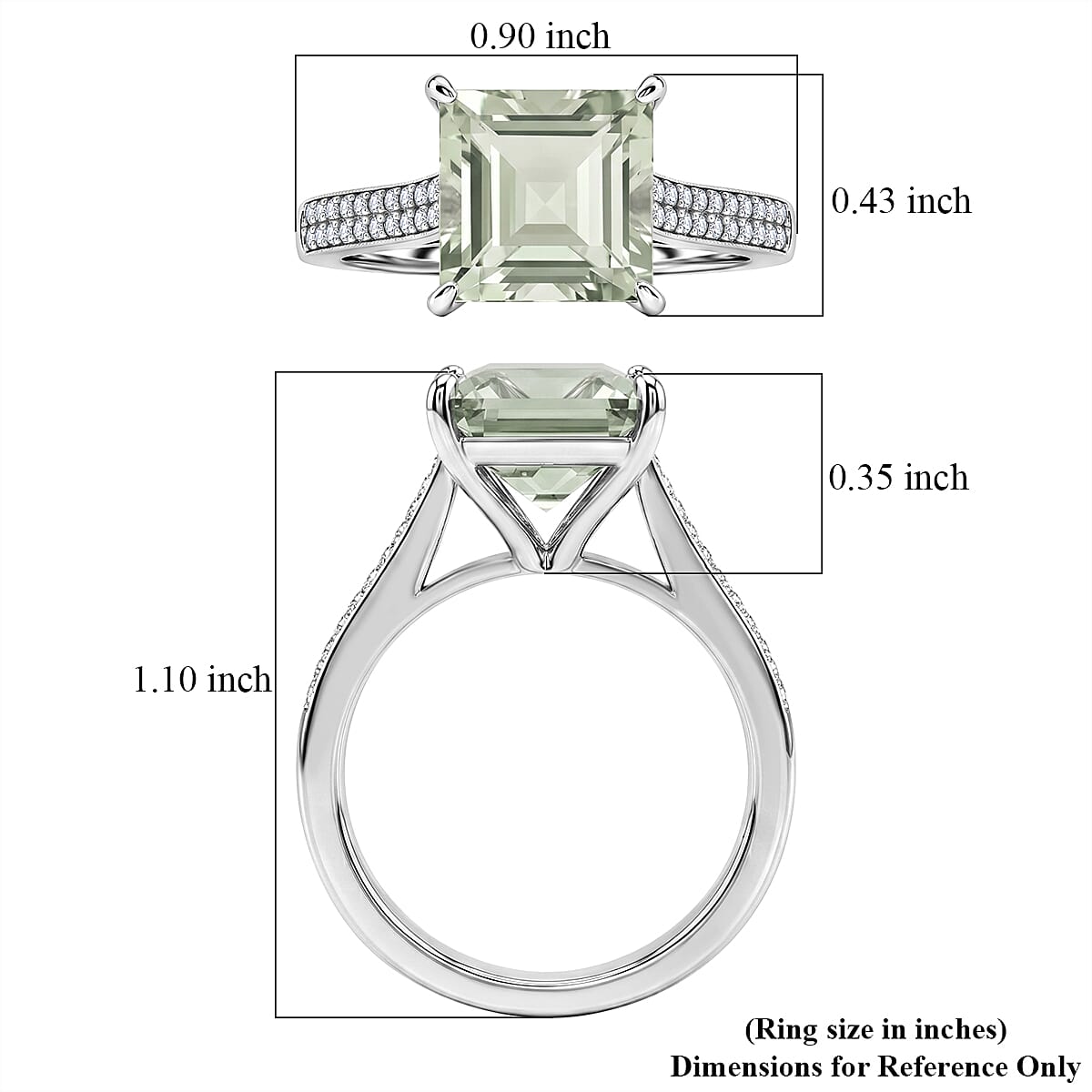 Princess Cut Montezuma Prasiolite and White Corundum 9.50 ctw Ring in Rhodium Over Sterling Silver (Size 6.0)