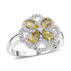 Lemon Quartz and White Corundum 0.85 ctw Ring in Rhodium Over Sterling Silver (Size 6.0)