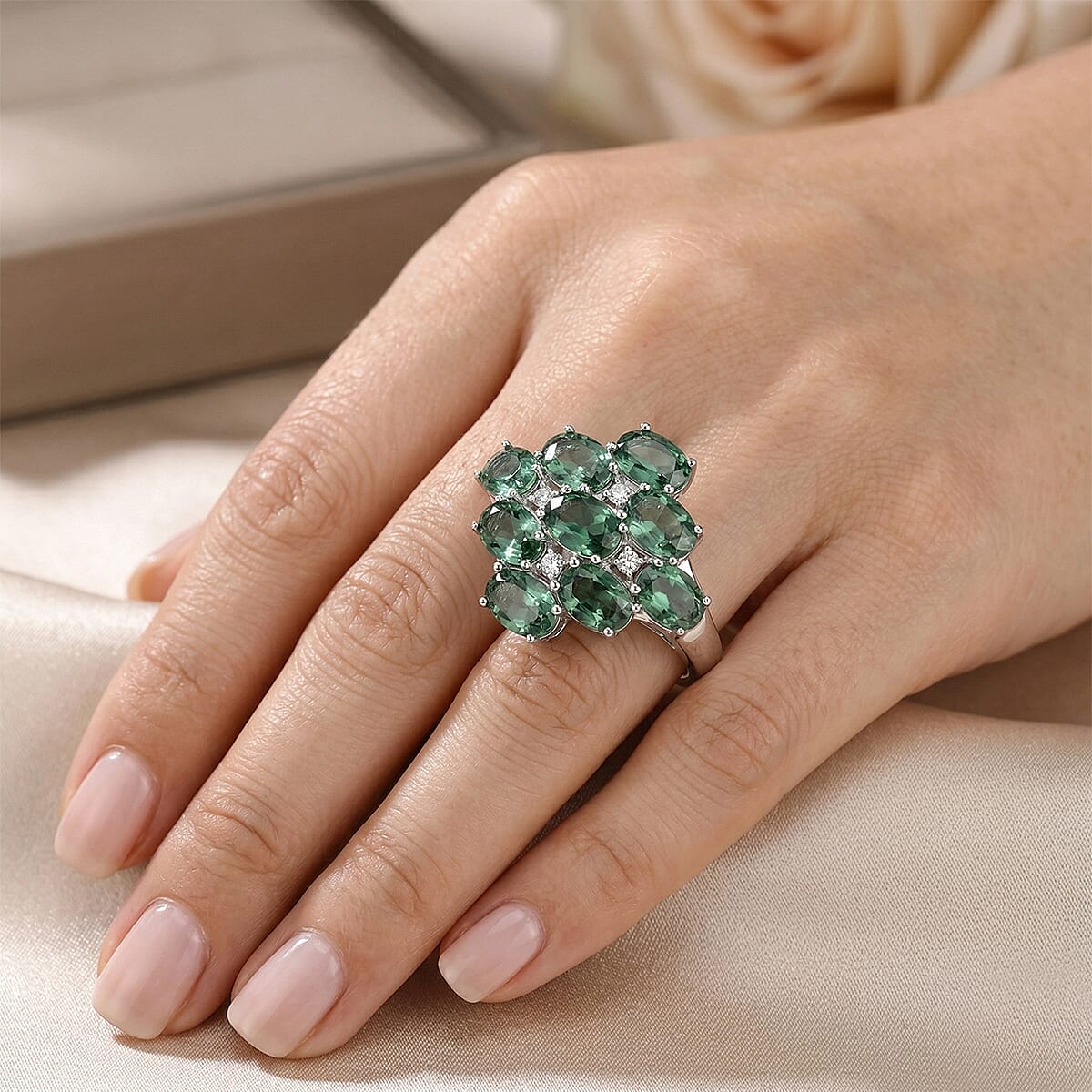 Green Quartz and White Corundum 6.30 ctw Ring in Rhodium Over Sterling Silver (Size 6.0) image number 2