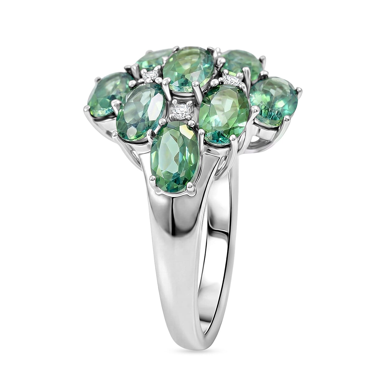 Green Quartz and White Corundum 6.30 ctw Ring in Rhodium Over Sterling Silver (Size 6.0) image number 3