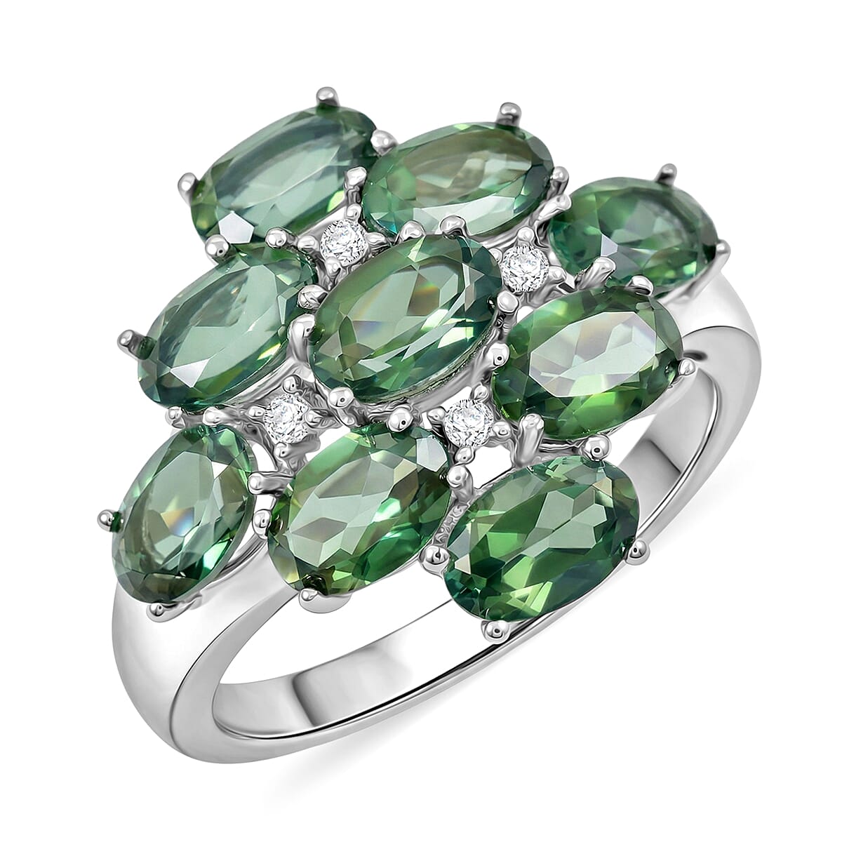 Green Quartz and White Corundum 6.30 ctw Ring in Rhodium Over Sterling Silver (Size 8.0)