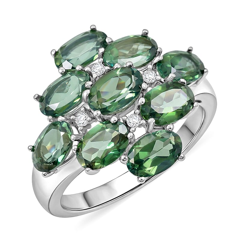 Green Quartz and White Corundum 6.30 ctw Ring in Rhodium Over Sterling Silver (Size 8.0)
