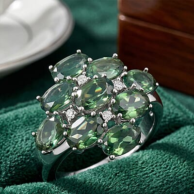 Green Quartz and White Corundum 6.30 ctw Ring in Rhodium Over Sterling Silver (Size 8.0)