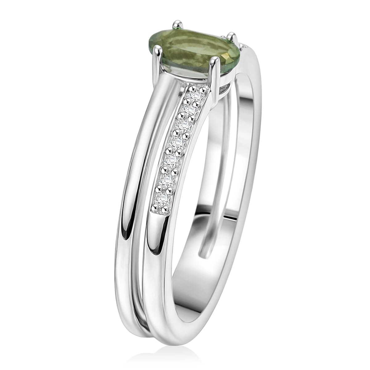 Green Quartz and White Corundum 0.60 ctw Ring in Rhodium Over Sterling Silver (Size 6.0) image number 3