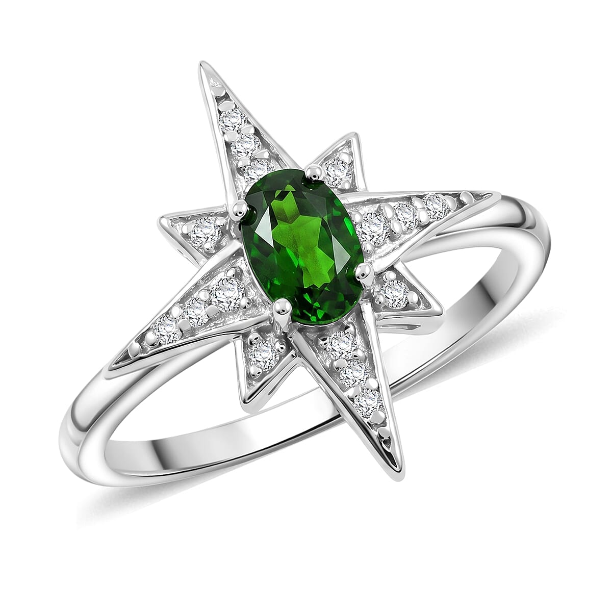Chrome Diopside and White Corundum 0.65 ctw Ring in Rhodium Over Sterling Silver (Size 6.0)