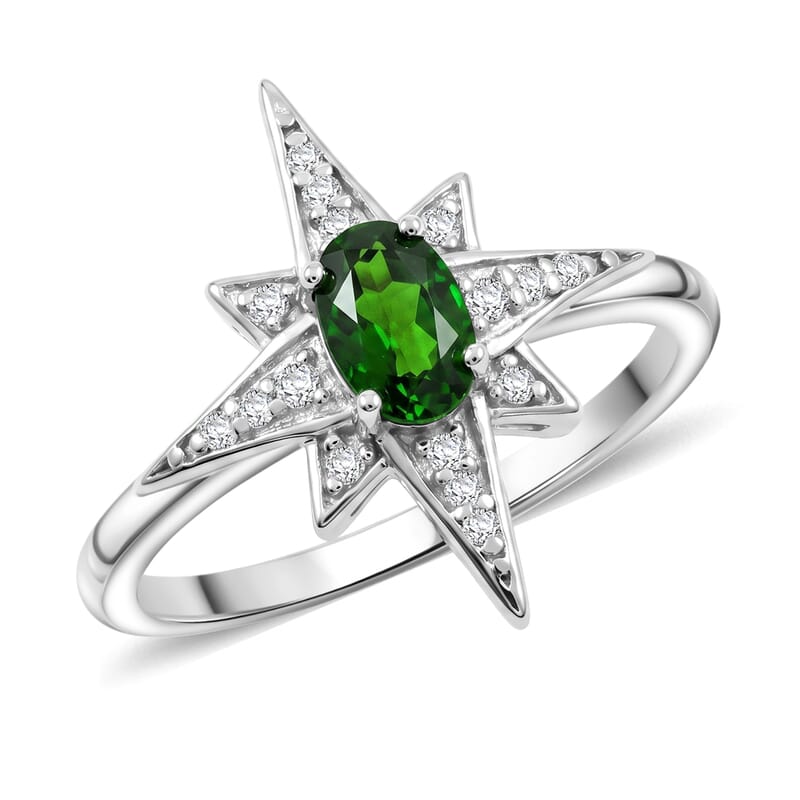 Chrome Diopside and White Corundum 0.65 ctw Ring in Rhodium Over Sterling Silver (Size 6.0)