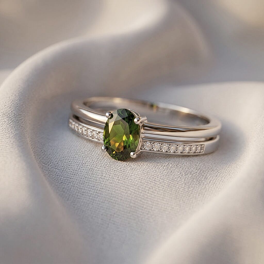 Green Quartz and White Corundum 0.65 ctw Ring in Rhodium Over Sterling Silver (Size 6.0)