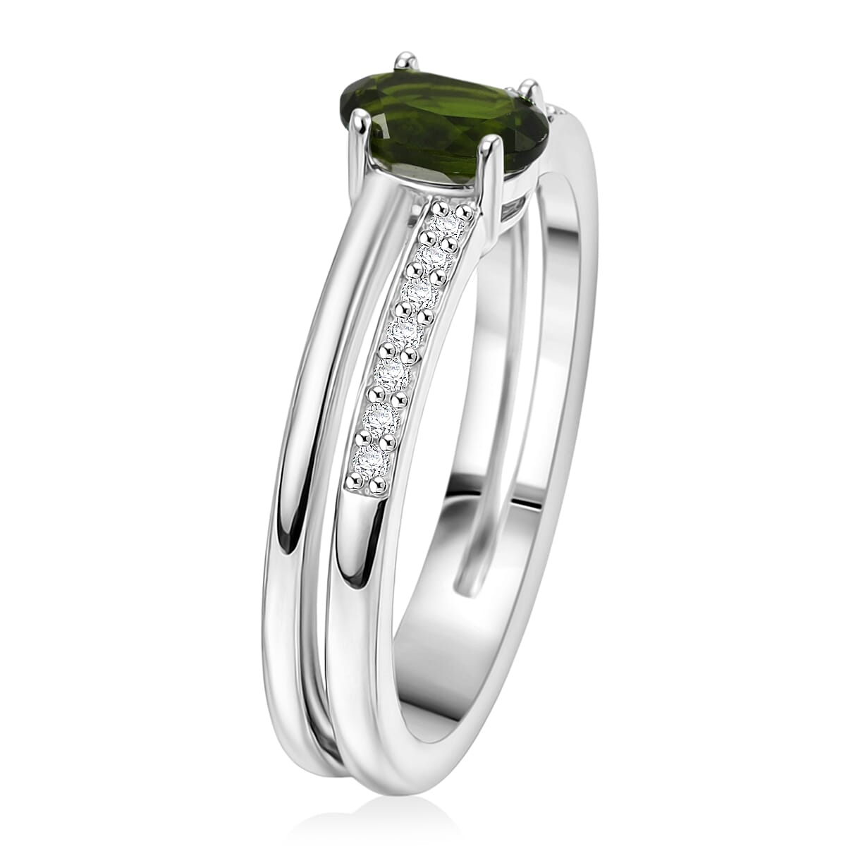 Green Quartz and White Corundum 0.65 ctw Ring in Rhodium Over Sterling Silver (Size 6.0)