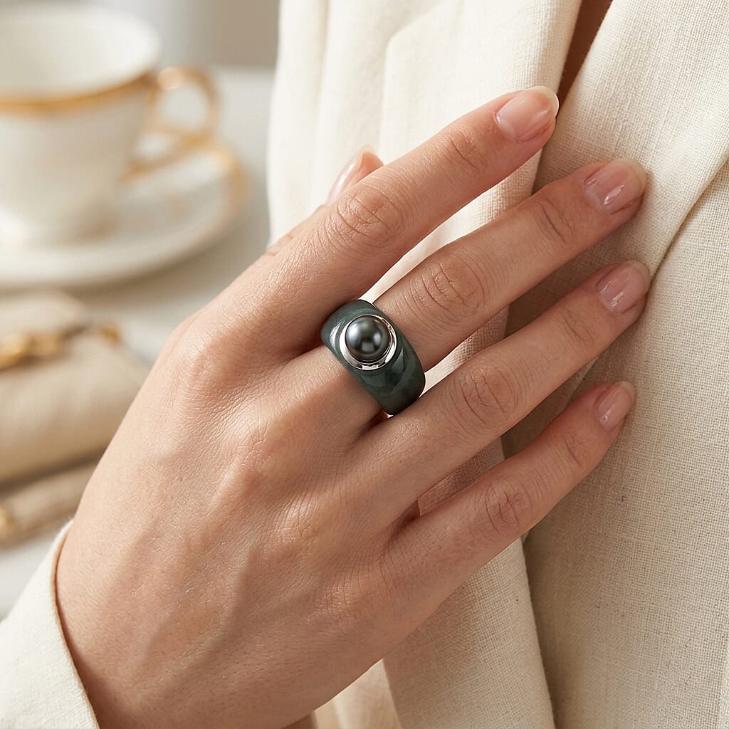 D'Joy Tahitian Pearl and Natural Olmec Jadeite 40.60 ctw Dome Ring in Rhodium Over Sterling Silver (Size 10.0)
