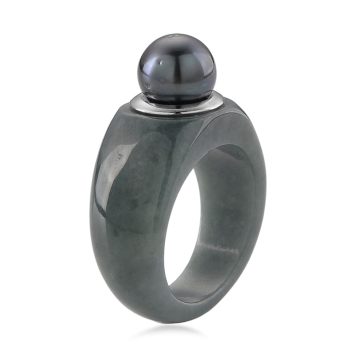 D'Joy Tahitian Pearl and Natural Olmec Jadeite 40.60 ctw Dome Ring in Rhodium Over Sterling Silver (Size 10.0)