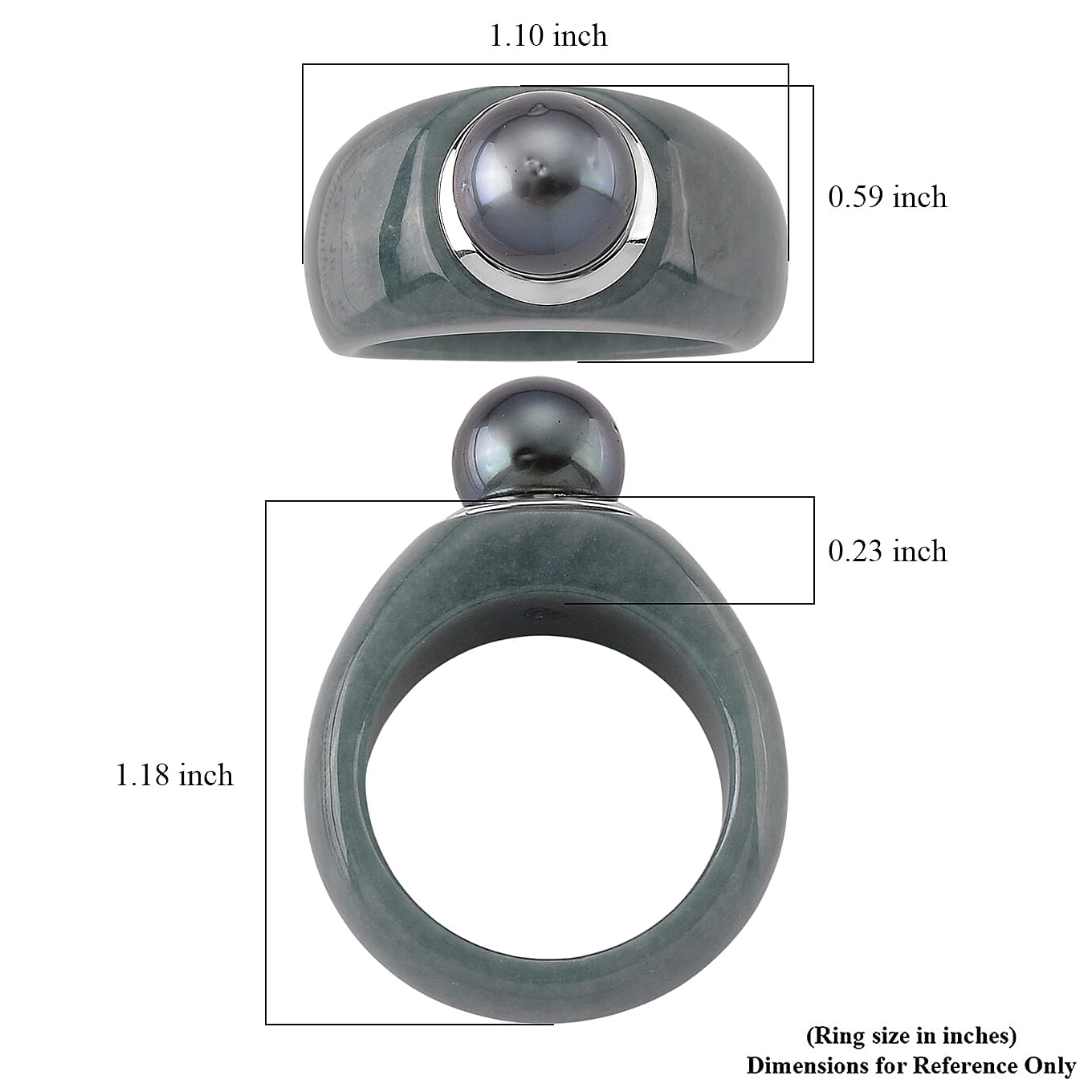 D'Joy Tahitian Pearl and Natural Olmec Jadeite 40.60 ctw Dome Ring in Rhodium Over Sterling Silver (Size 10.0)