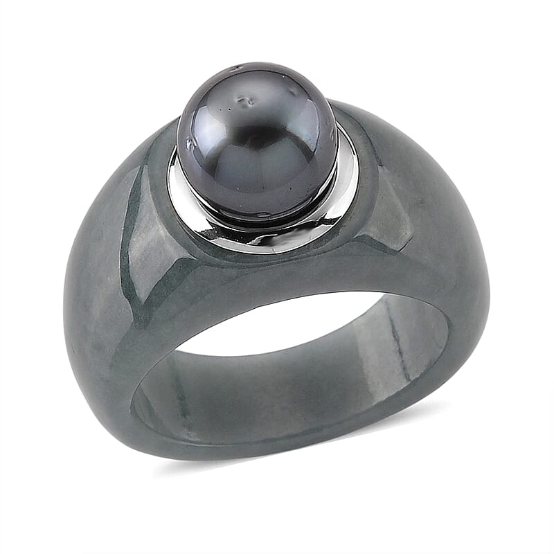 D'Joy Tahitian Pearl and Natural Olmec Jadeite 40.60 ctw Dome Ring in Rhodium Over Sterling Silver (Size 5.0)