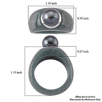 D'Joy Tahitian Pearl and Natural Olmec Jadeite 40.60 ctw Dome Ring in Rhodium Over Sterling Silver (Size 5.0)
