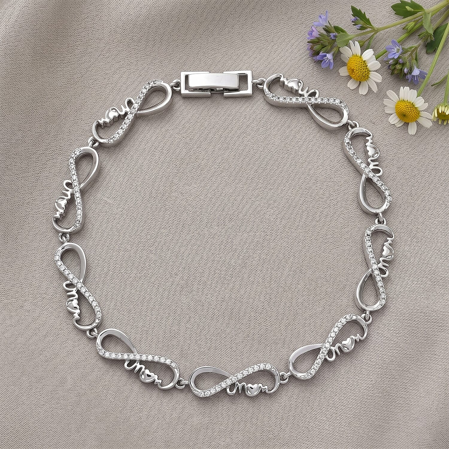 Simulated Diamond Endless Mom Love Bracelet in Silvertone (7-7.5In)