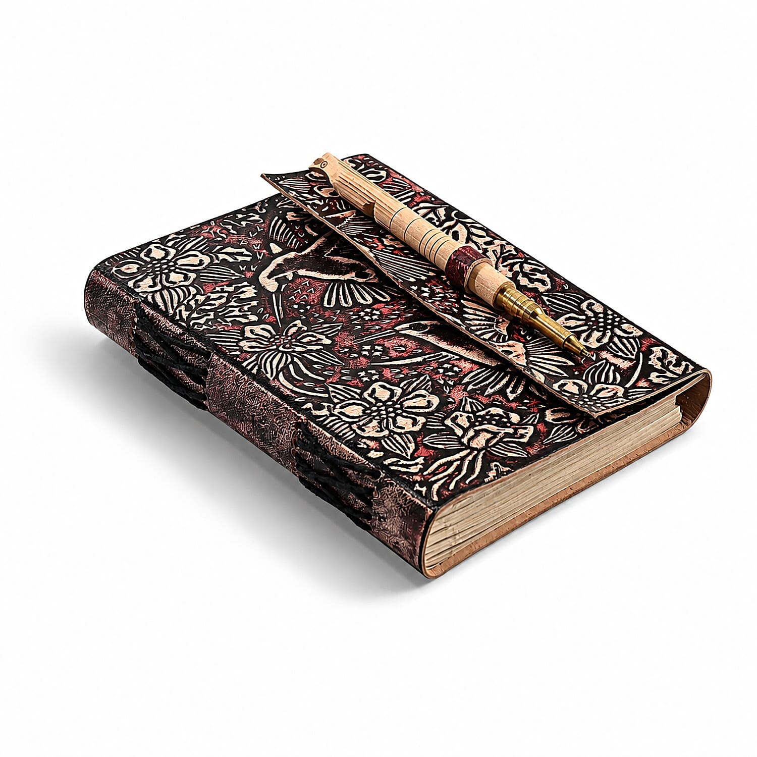 Livmore Brown Handcrafted Leather Hummingbird Embossed Journal with Kadam Wooden Pen (160 pages)