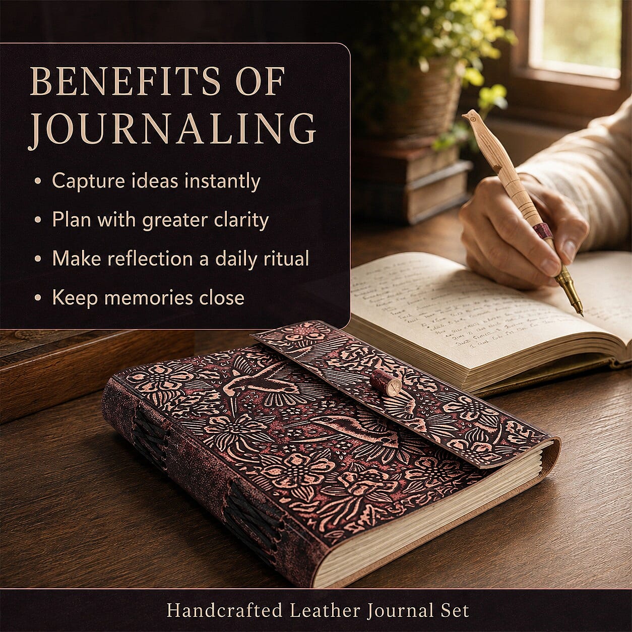 Livmore Brown Handcrafted Leather Hummingbird Embossed Journal with Kadam Wooden Pen (160 pages)