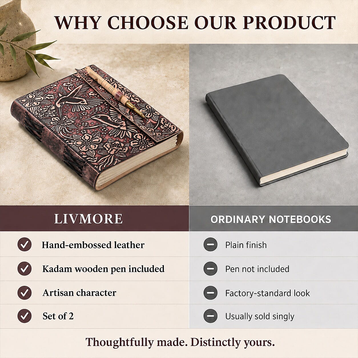 Livmore Brown Handcrafted Leather Hummingbird Embossed Journal with Kadam Wooden Pen (160 pages)
